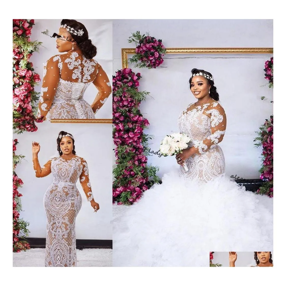 Arti e mestieri Plus Size Abiti da sposa a sirena araba con treno staccabile maniche lunghe pizzo corsetto abito da sposa africano in rilievo Dhxna