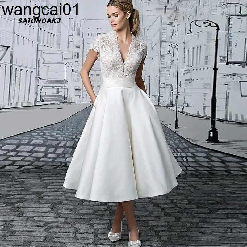 Party Dresses Vestidos De Novia 2023 Vintage Lace Satin Short Wedding Dresses for Women Bridal Gowns Robe Mariage Sukienka France Online Shop 0408H23