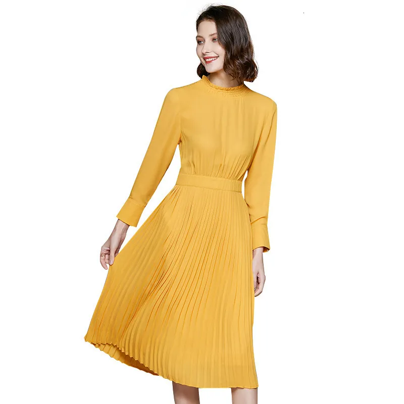 Casual Dresses Women's High Quality Fashion Mid range Long Sleeve Earrings Lemon Yellow Stripe Dress 230408