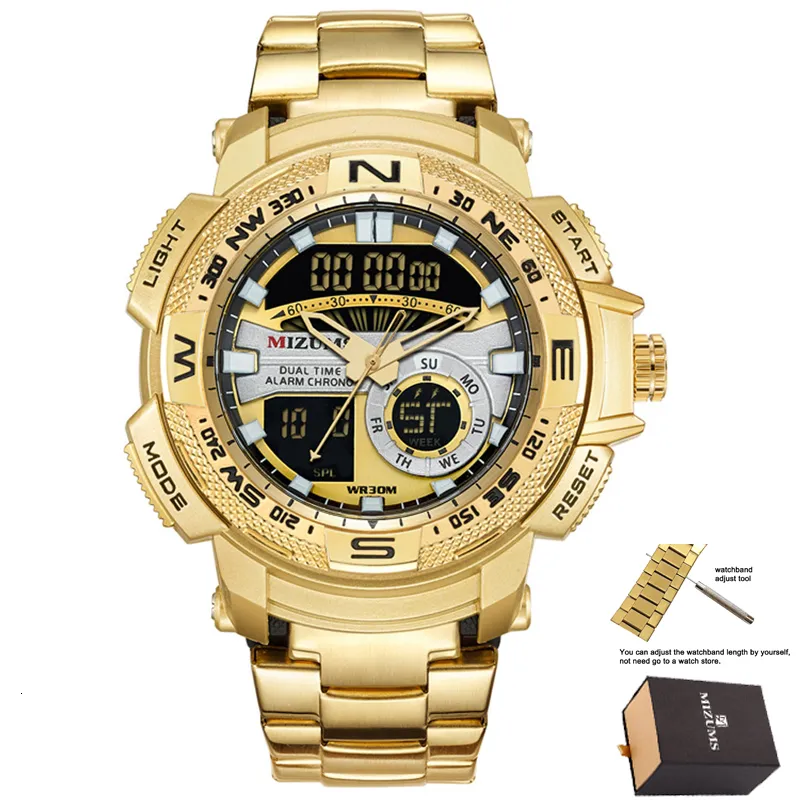 Нарученные часы 30 М водонепроницаемые мужские спортивные часы роскошные бренды Quartz Watch Men Gold Steel Digital Clock Cool Cool Relogio Masculino 230407