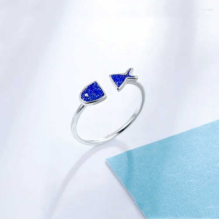 Bagues de cluster Mode Argent Couleur Cuivre Émail Bleu Poisson Ouvert Doigt Pour Femmes Fille Bijoux Cadeau Dropship En Gros