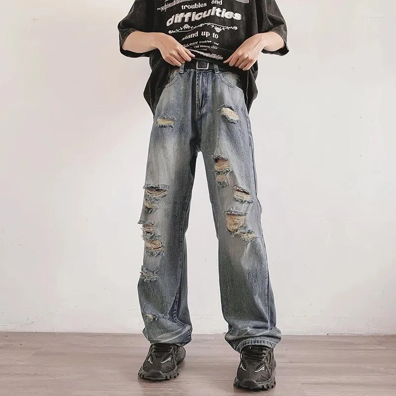 Jeans da uomo Primavera Autunno Retro Strappato Americano Bello High Street Gamba larga Pantaloni casual dritti larghi Uomo Fondo Abbigliamento maschile