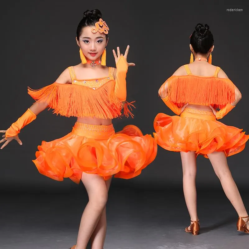 Abbigliamento da palcoscenico Bambini Paillettes Nappe Vestito da competizione di danza latina Ragazze Salsa Cha Samba Ginnastica Pratica Abiti da ballo per feste Costumi