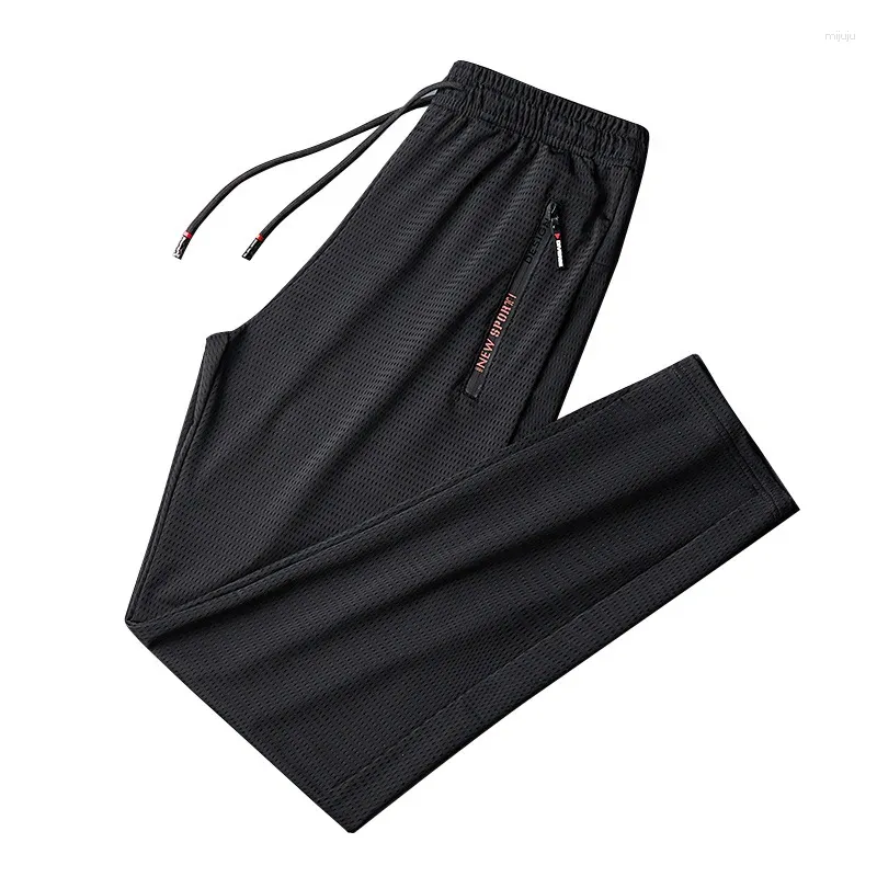 Calças masculinas de seda gelo verão respirável malha preto sweatpants homens corredores roupas esportivas baggy masculino casual pista plus size 9xl