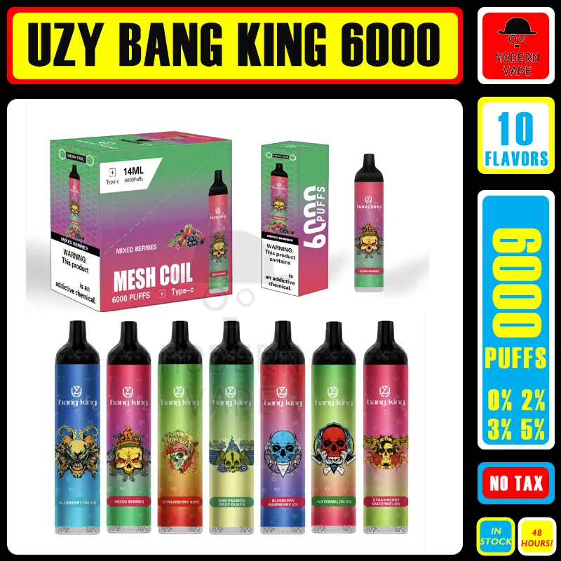 Original UZY Bang King 6000 Puff Descartáveis E Cigarros 0.8ohm Malha Bobina 14ml Pod Bateria Recarregável Eletrônico Cigs Puff 6K 0% 2% 3% 5% Vape Pen Kit 10 sabores em estoque