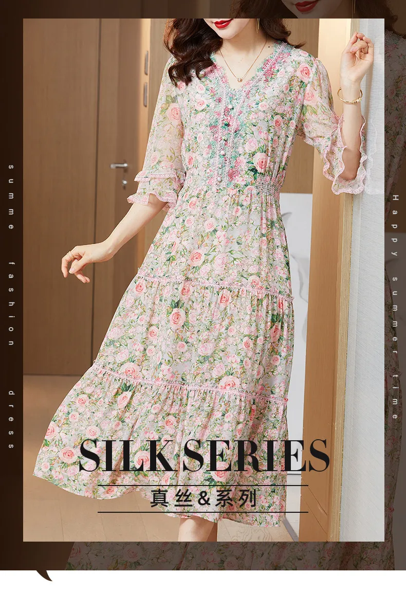 white christmas dresses Women's Summer Silk Floral Print Dress V Neck Silk Casual Dresses Pink / L