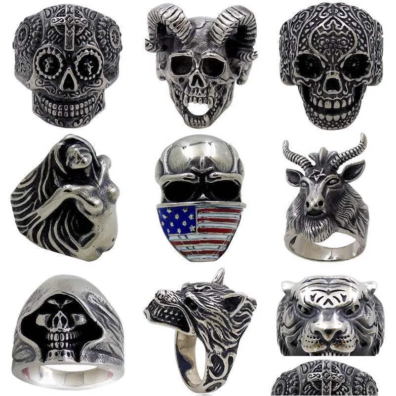 Cluster Rings 5Pcs / Lot Vintage Gothic Wolf Head Ring Men Skl Punk Accessori per gioielli Demon Satan Goat Drop Delivery Dhgarden Dhxvw