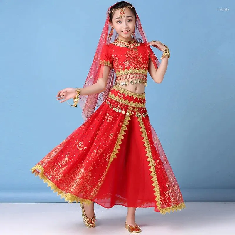 Stage Wear Dance Children Belly Bollywood Costume Set Girls Flowers Outfit 5pcs (Top Belt Skirt Veil Headpiece)