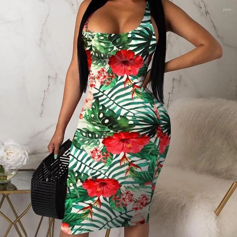 Casual klänningar sexig hawaiian miniklänning sommar ärmlös boho tryckt strand lös tight sling kvinnor sundress 2023 semester kläder