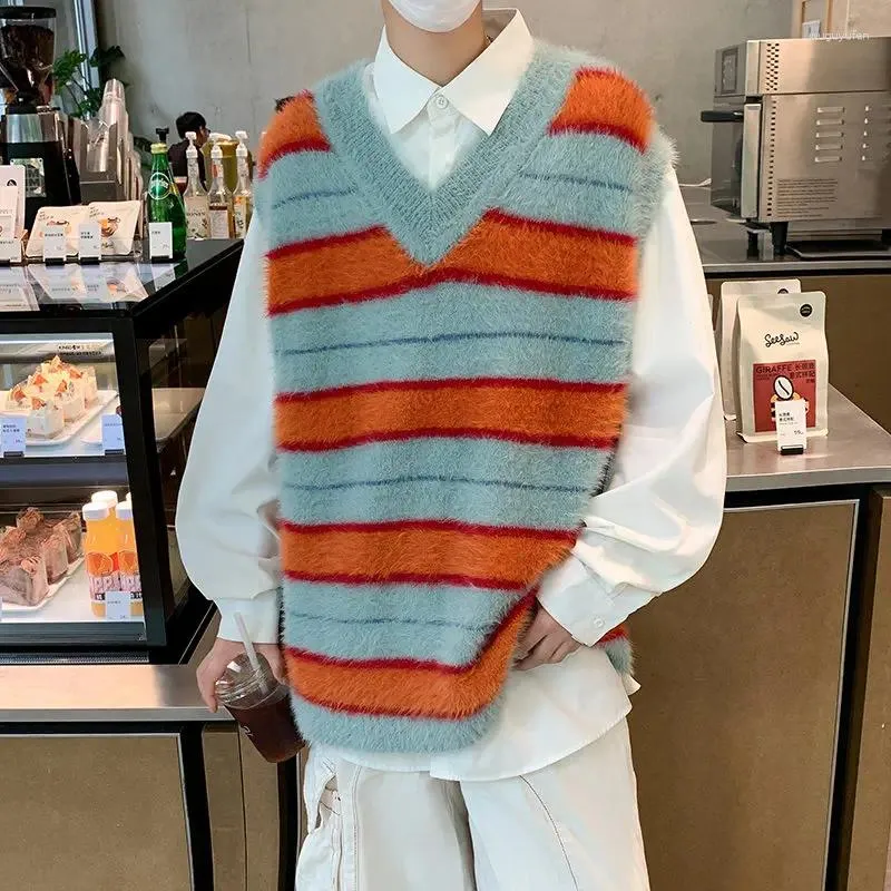 Men's Vests Men Sweater Knitted Sleeveless Casual V Neck Korean Knitwear Tops Elastic Fashion Streetwear Office Stripe Contrast V36