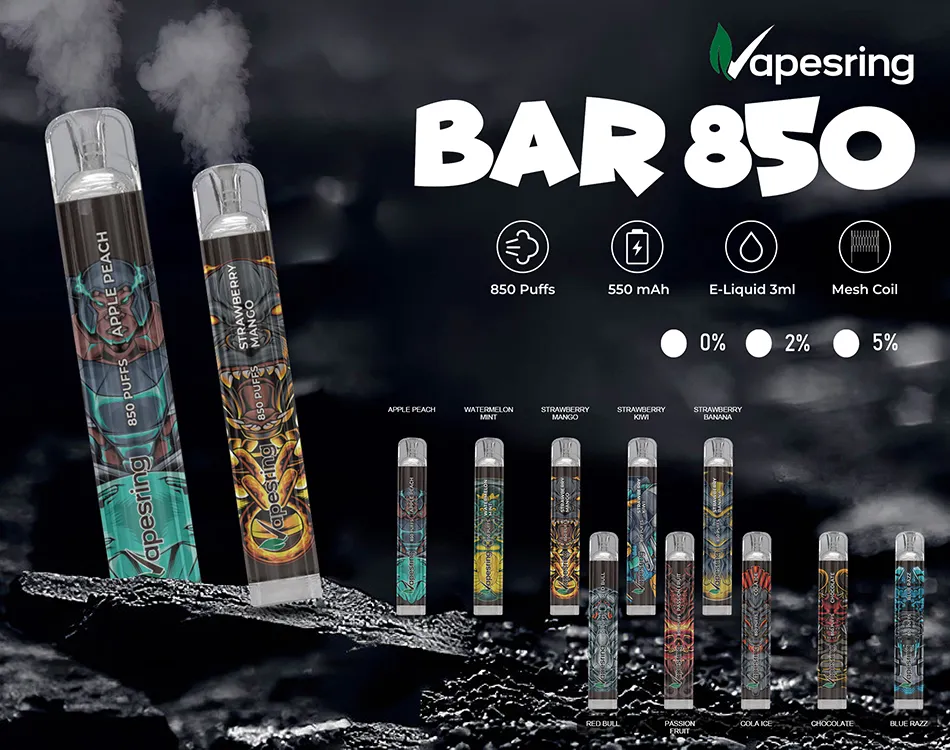 3ML e-liquid 550mAh 배터리가있는 vapesring bar 850 일회용 키트 10 색상 기화기 정통