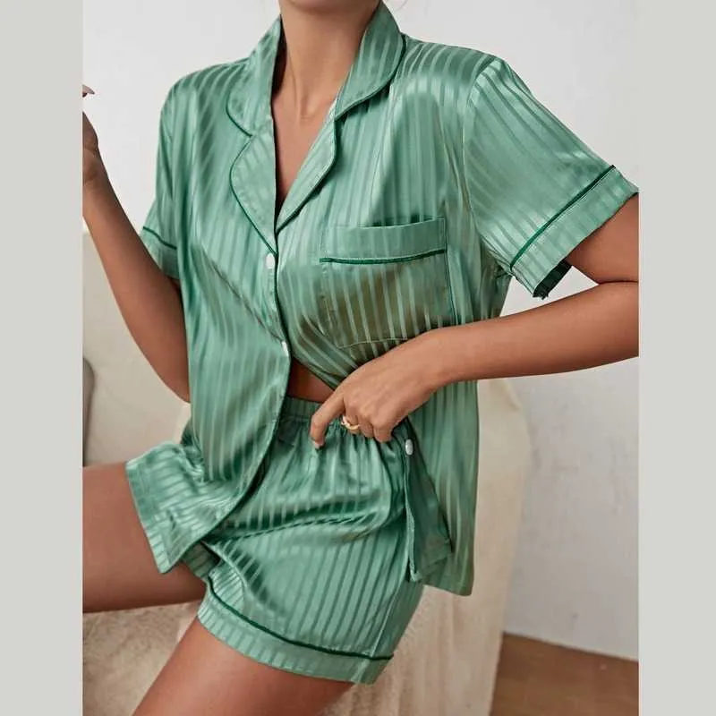 Satin Pajama Shirt and Pants - Green/striped - Ladies