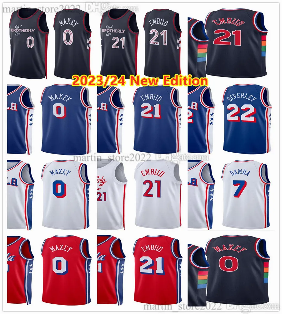 2023/24 Cidade Marinha Basquete Joel Embiid 21 Jerseys Tyrese Maxey 0 Patrick Beverley 22 Mo Bamba 7 Edição Homens Mulheres Crianças Juventude