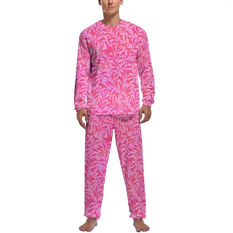 Mannen Nachtkleding Roze Blad Pyjama Lange Mouw Bladeren Print 2 Stuks Slaap Pyjama Sets Lente Mannen Gedrukt Kawaii Nachtkleding