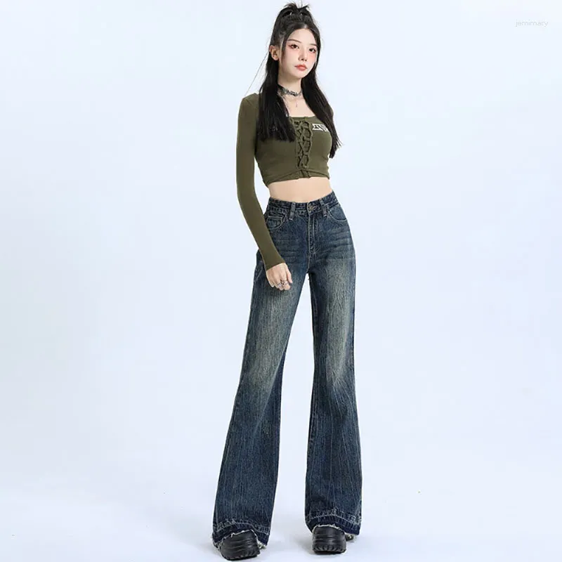 Jeans pour femmes, tendance, Style américain, Vintage, faire de vieilles cloches, Slim, taille haute, Simple, épicé, pantalon long pour fille