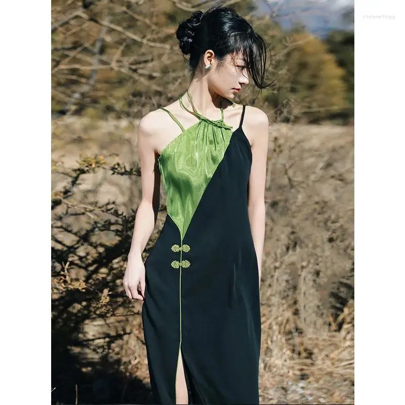 Casual Jurken Chinese Stijl Hangende Halsband Jurk Voor Vrouwen Zomer 2023 Nationale Splice Sexy Mid Lengte Elegante Slanke Lange
