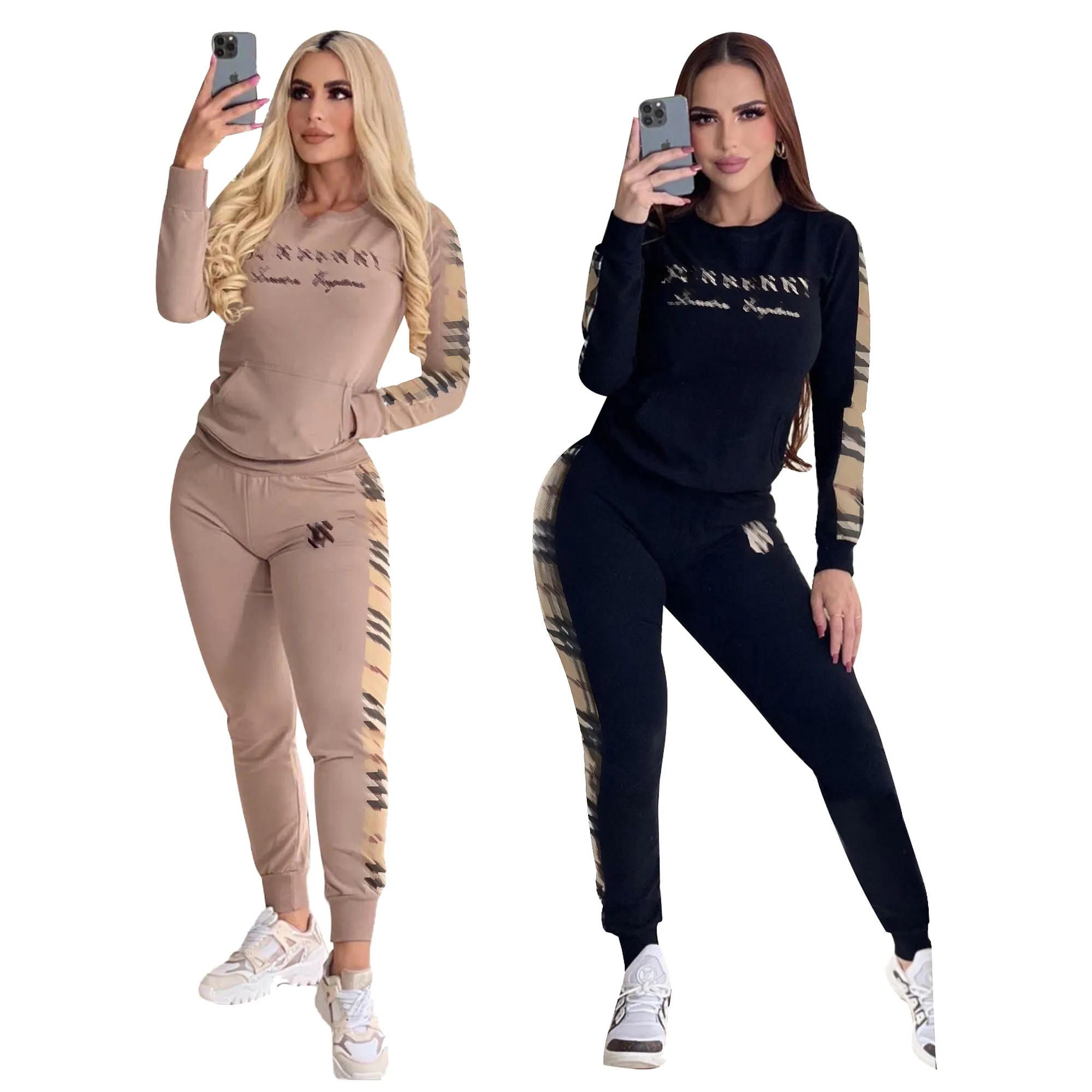 Designer Two Piece Black Pants Activewear Set Women Casual Pullover Top and Pants Set Free Ship