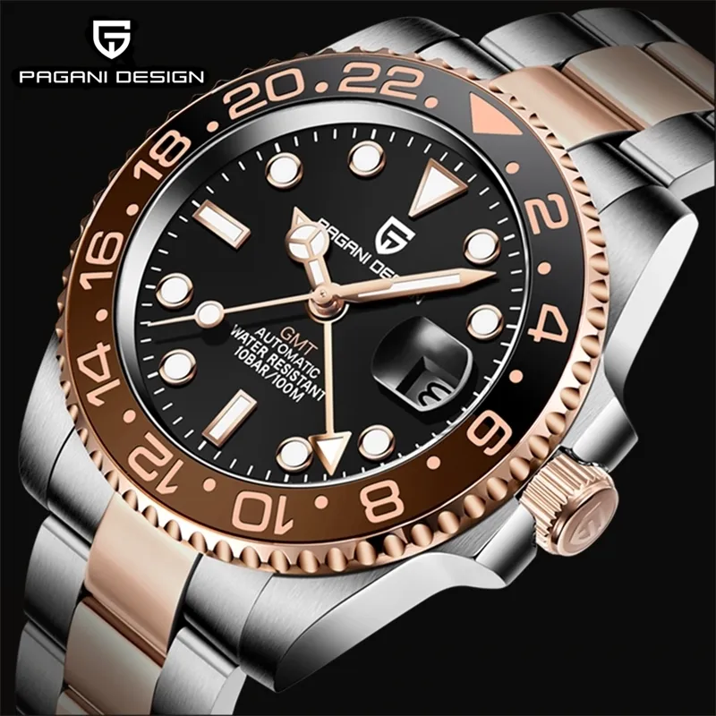 Wristwatches PAGANI DESIGN Top Brand Sapphire GMT Watch Men 100M Waterproof Clock Sport Watches Mens Mechanical Wristwatch Relogio Masculino 230407
