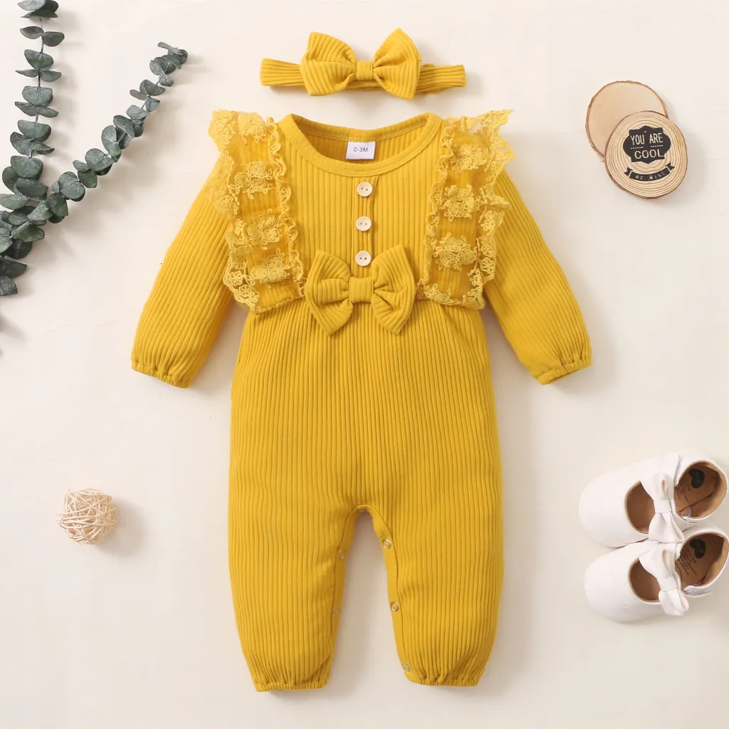 Rompers 0-18 månader gamla Baby Girls 'Tight Montering Clothes Born Baby Girls' Clothing Solid Lace Långärmad Jumpsuit Baby Casual Jumpsuit 230408