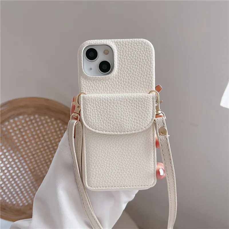 Crossbody Lychee Print Vogue Phone Case for iPhone 14 13 12 11 Pro Max Samsung Galaxy S23 Ultra S22 Plus 5G A54 Adjustable Lanyard Card Slot Solid Leather Wallet Shell