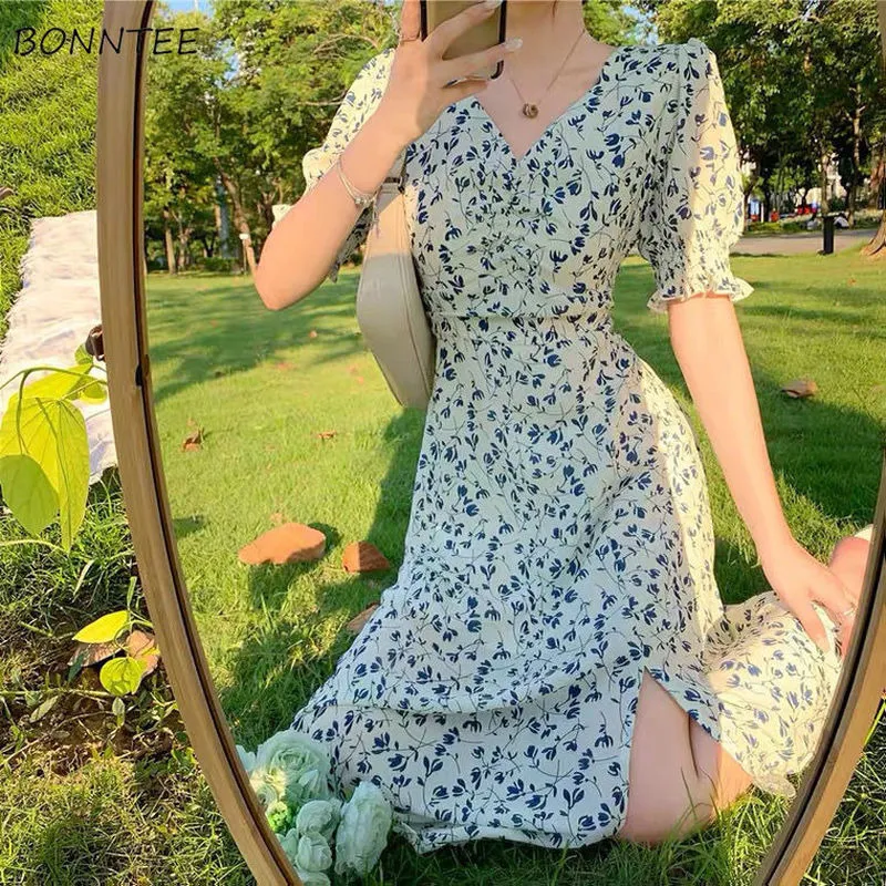 Günlük Elbiseler Kadınlar için Kısa Kollu Elbise Basılı V yaka Yaz Şifon Kadınlar Günlük Sokak Giyim Retro Ulzzang Moda Retro Sevimli Tatil 230408