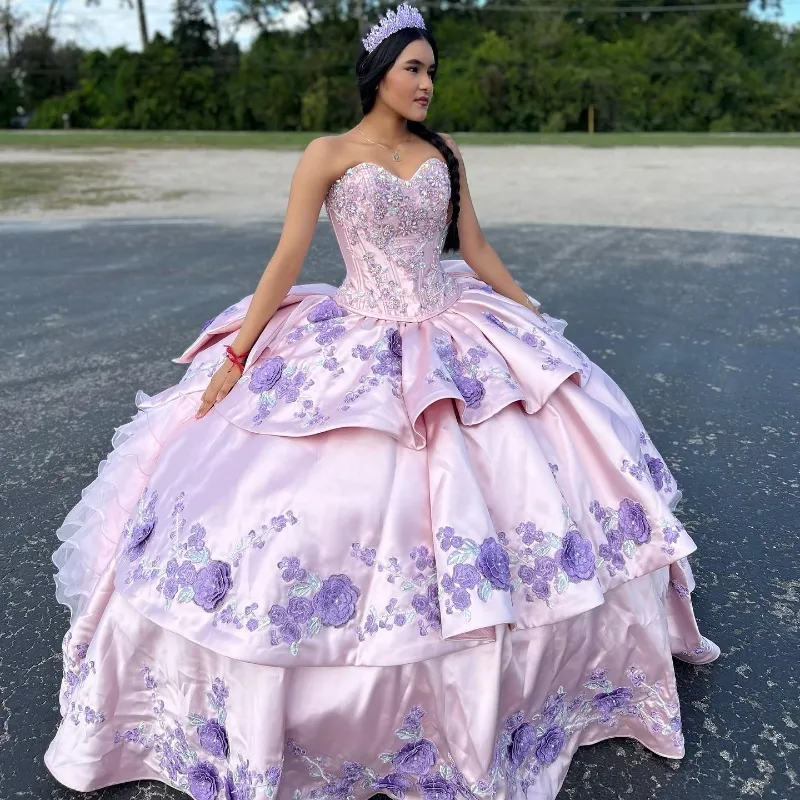 Pembe tatlım quinceanera elbiseler doğum günü partisi zarif kristal aplikeler katmanlı tül akşam balo elbiseleri kadınlar için balo elbiseleri