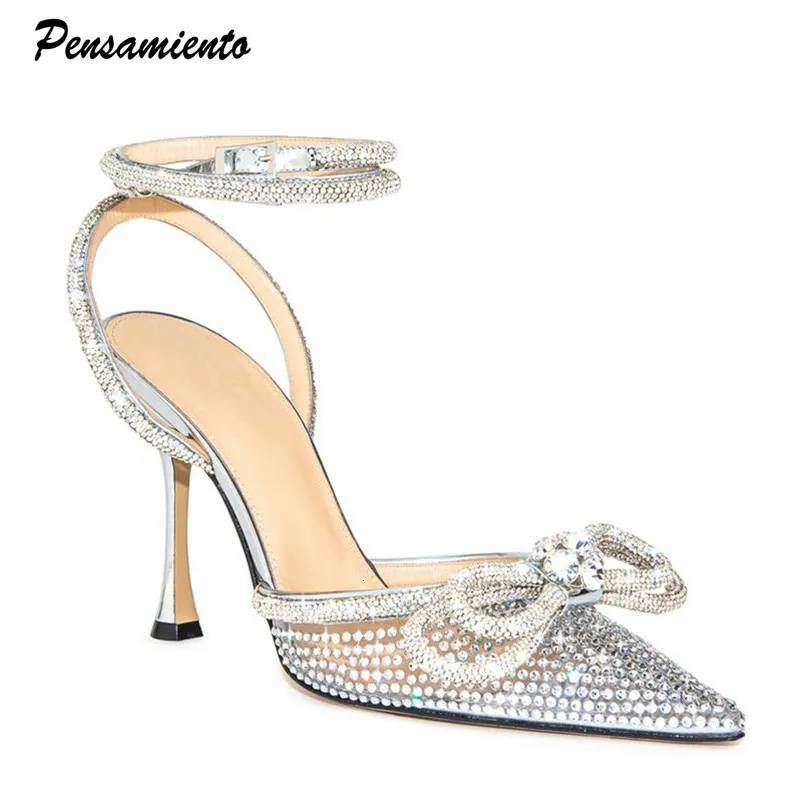 Sandales Marque Bling Strass Double Bowknot Femmes Pompes Sexy Bride À La Cheville Mince Talons Hauts Mules D'été De Mariage Chaussures De Mariée 230408