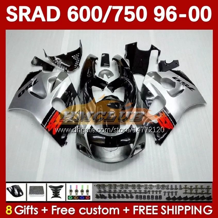 مجموعة الجسم لـ SUZUKI SRAD GSXR 750 600 CC GSXR600 GSXR750 1996-2000 168NO.19 GSX-R750 GSXR-600 1996 1997 1998 1999 2000 600CC 750CC 96 97 98 00 Moto Fairing Silvery Black