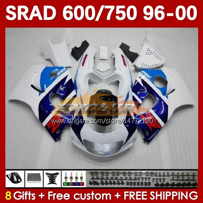 Body Kit för Suzuki Srad GSXR 750 600 CC GSXR600 GSXR750 1996-2000 168NO.7 GSX-R750 GSXR-600 1996 1997 1998 1999 2000 600cc 750cc 96 97 98 99 00 Moto Fairing White Blue