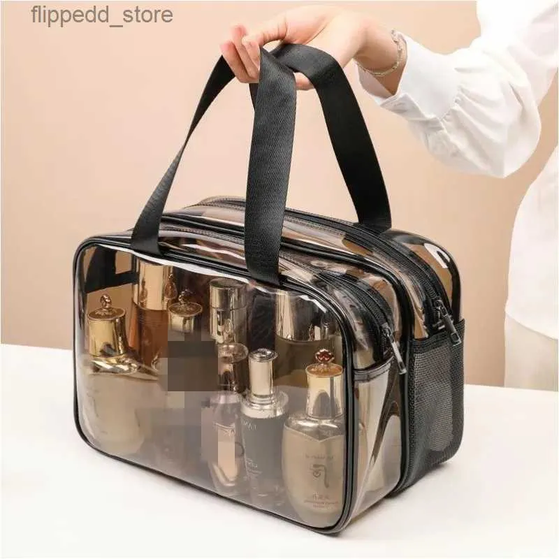 Borse per cosmetici Borsa per trucco trasparente portatile elegante Borsa per cosmetici femminile VIP Borsa da toilette separata a doppio strato asciutta e bagnata Lavaggio femminile Ba Q231108