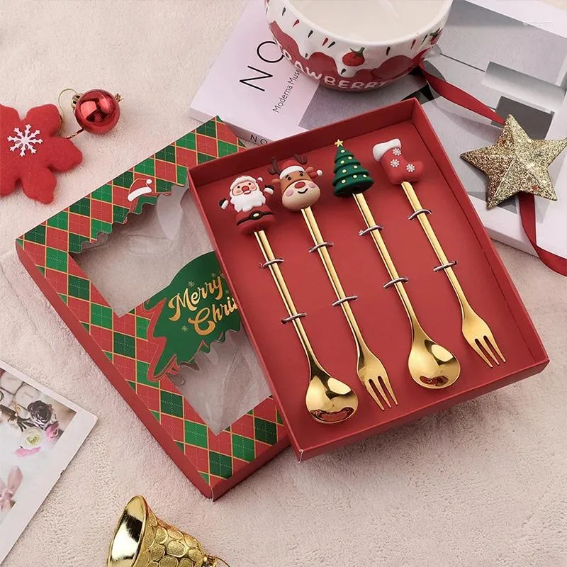 Dinnerware Sets 6Pcs/Set Christmas Golden Spoon Coffee Fork Elk Xmas Tree Tableware Steel Metal Cartoon Doll Home Decoration Year Decor Gift