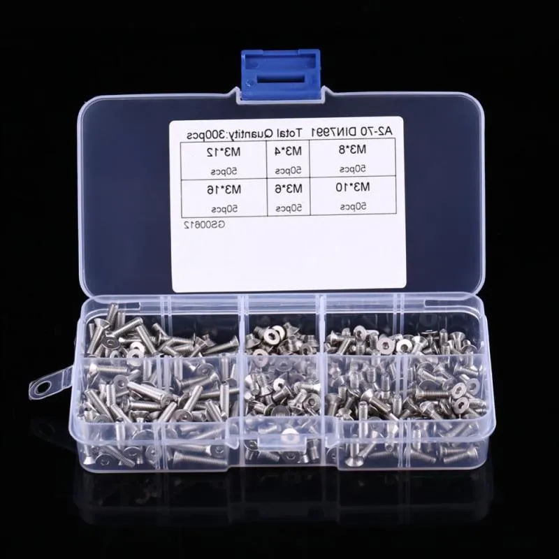 Freeshipping 300pcs/Box M3 Hex Socket Screws Stainless Steel Flat Head Machine Screws Bolt Nut Assortment Kit Fastener Hardware Tool Tfhif