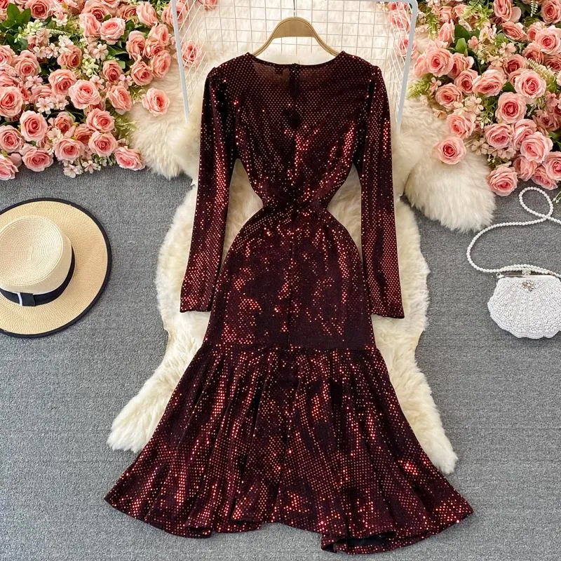 Abiti casual SINGREINY paillettes lucide abito a sirena donna elegante coulisse volant partito 2023 autunno coreano streetwear midi