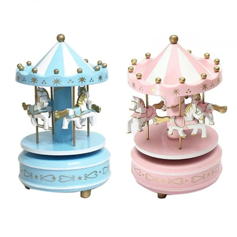 Decorative Figurines Objects & 2Color Wooden Merry-Go-Round Carousel Music Box For Kids Toys Wedding Birthdays Gift Wind-Up Horse Fairground