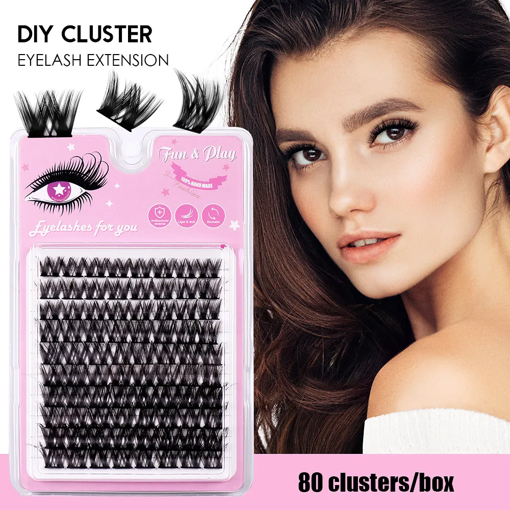 Extensions de cils segmentés DIY denses et naturelles, 80 grappes de 10 à 14 mm, boucles réutilisables faites à la main, greffées, cils individuels légers