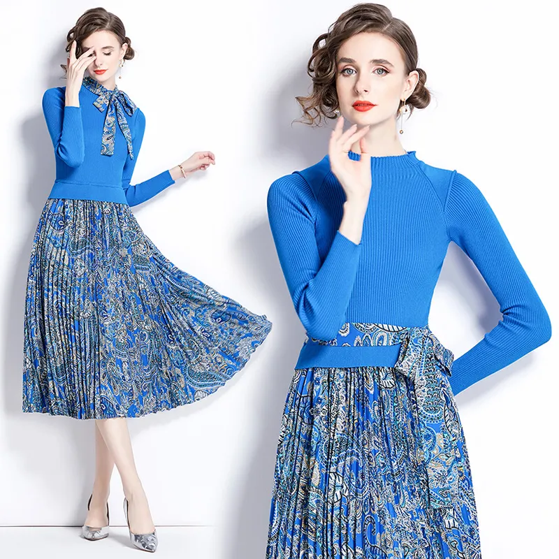 Casual Vacation Blue Midi veckad klädkvinna Designer O-Neck Sticke Patchwork Print Slim Soe Up Bow Party Dresses 2023 Fall Winter Runway Long Sleeve Frocks