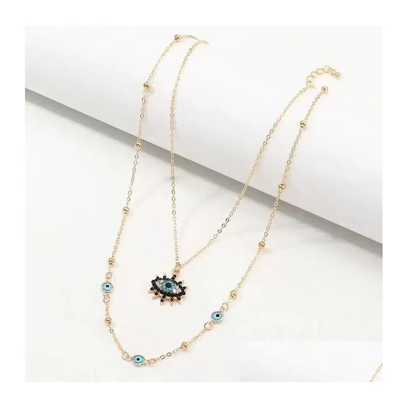 Collier pendentif cristal bleu mauvais œil pour femmes plaqué or 18 carats chaîne double couche porte-bonheur colliers Dhgarden Dhx6H