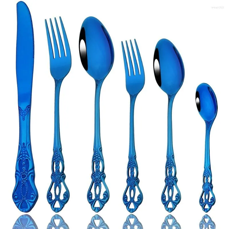 Ensembles de vaisselle Dîner Cuisine Bleu Couverts En Acier Inoxydable Couverts Vintage 6 Pcs Couteau Dessert Fourchette Cuillère Vaisselle Miroir