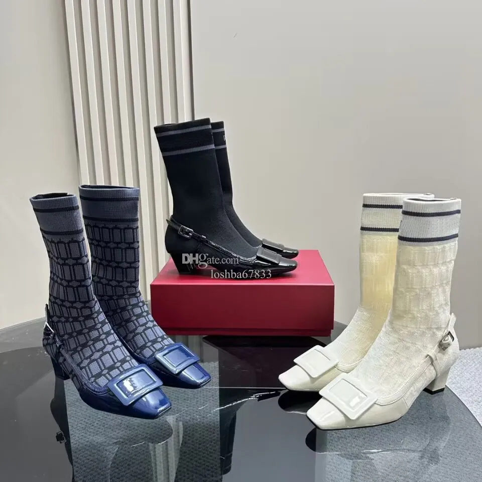 Botas desnudas de diseñador de tacón bajo para mujer Botas de tacón alto cosidas con hebilla de cuero estampadas de punto 4,5 cm Show Party Wedding Calcetines y zapatos al aire libre Caja a juego 35-41