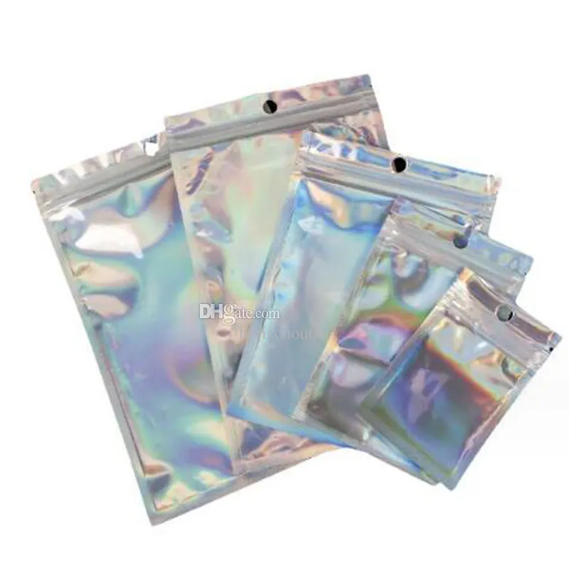 Sacos de embalagem de arco-íris de folha de alumínio com zíper transparente frontal bolsa de vedação para capa de celular fone de ouvido cabo USB acessórios brinco joias novo