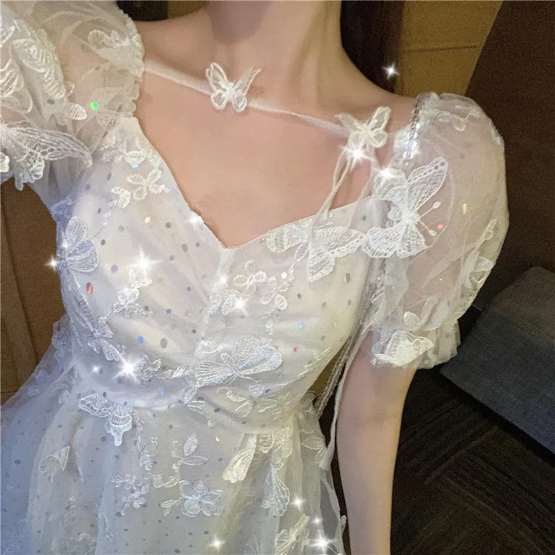 Robes décontractées été papillon cravate fée princesse robe 2023 Sequin maille douce fille manches bouffantes pour les femmes courte robe de bal décontracté