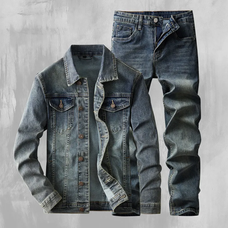 Set di jeans da uomo casual da lavoro Classico semplice giacca e pantaloni in denim a maniche lunghe Set da 2 pezzi Autunno e inverno Slim Stretch Abbigliamento quotidiano