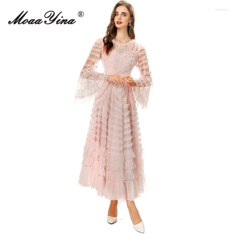 Casual Kleider MoaaYina Herbst Mode Designer Rosa Vintage Party Kleid Frauen Flare Hülse Cascading Rüschen Hohe Taille Schlank Mesh Lange