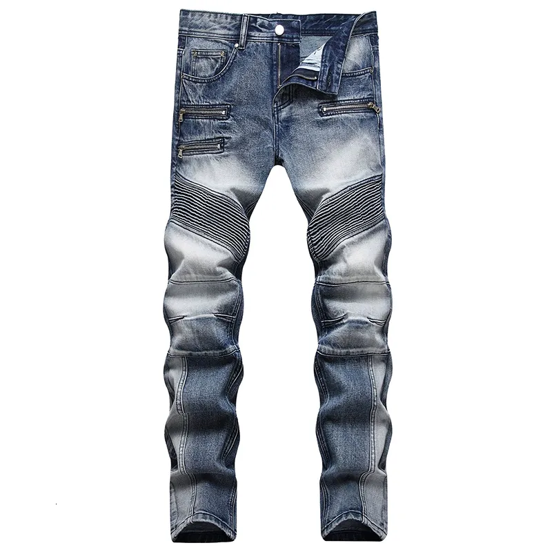 2023 New High Quality Men Casual Jeans Slim Fit Straight Pleated Biker Jeans Male Motorcycle Denim Pants Vaqueros Hombre