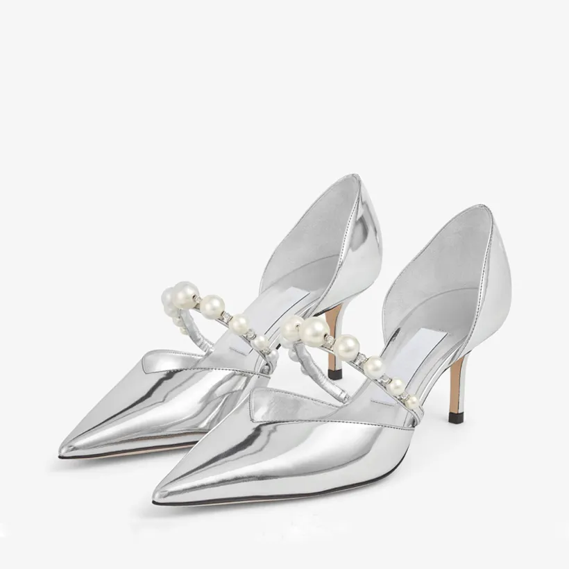 Fashion Women Sandals Pumps Famous AURELIE 65 mm Italy Luxury Pointed Toe Pearl Ankle Strap Silver Patent Leather Designer Wedding Party Sandal High Heels Box EU 35-43