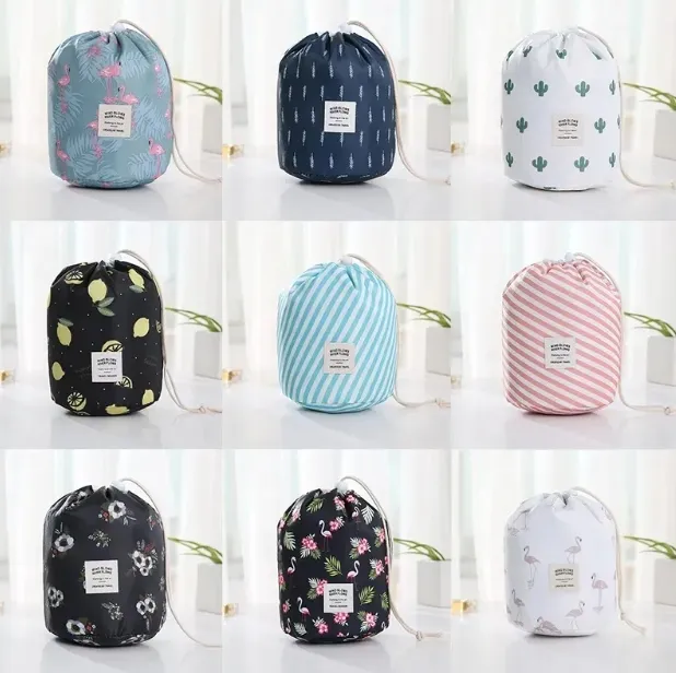 Portable Barrel Drawstring Makeup Bags - Large Capacity Waterproof Cosmetic Toiletry Storage for Home Travel - Flamingo Print Portable Barrel Drawstring Makeup Bags - Large Capacity Waterproof Cosmetic Toiletry Storage for Home Travel - Flamingo Print