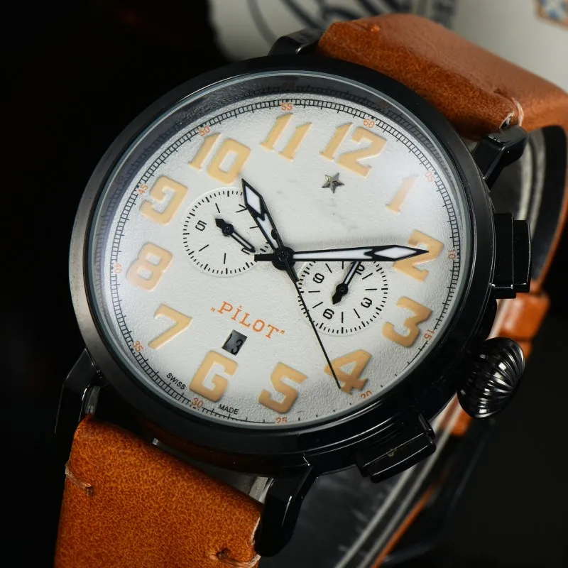 Män lyxig designer Mekanisk automatisk pilotäventyr Automatisk herr Auto Watch Leather Band Watches