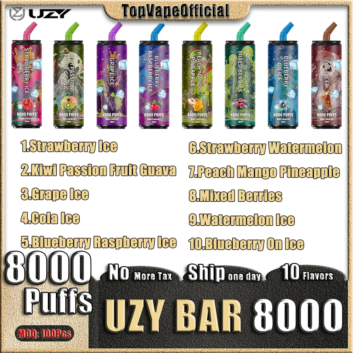 Original UZY Bar 8000 Puffs jetables E cigarettes Pod dispositif 8000 Puff 600 mAh batterie puissante 14 ml cartouche préremplie bobine de maille RGB lumière Vape VS Fluum Bar 6000