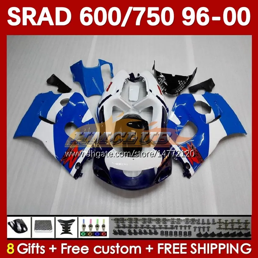 Body Blue White Kit för Suzuki Srad GSXR 750 600 CC GSXR600 GSXR750 1996-2000 168NO.22 GSX-R750 GSXR-600 1996 1997 1998 1999 2000 600cc 750cc 96 97 98 99 00 Moto Fairing