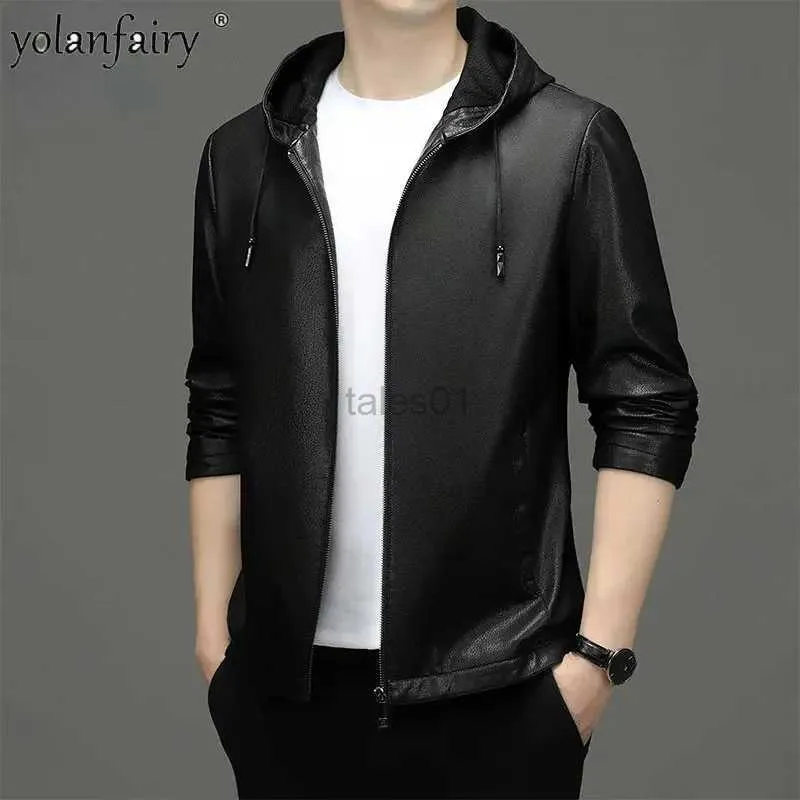 Men's Jackets s Clothing Men Hooded Ecological Cowhide Coat High-quality Microfiber Leather Jackets Ropazln231108